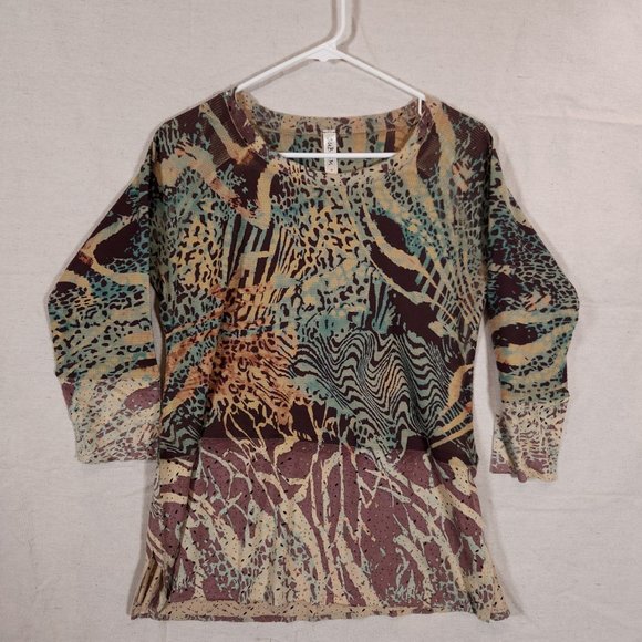 Cubism Abstract Animal Print Top Womens Medium Multicolor Perforations Shirt - Picture 10 of 14